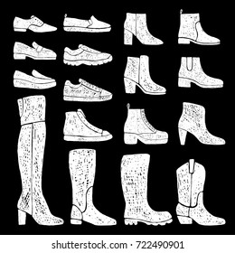 Collection of hand drawn shoes.Footwear.Vector illustration.