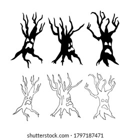Collection Hand drawn silhouette with a horror dry trees. Vector illustration for Halloween holiday. Isolated objects on white background in the style of doodles. Clipart for postcards, invitations.