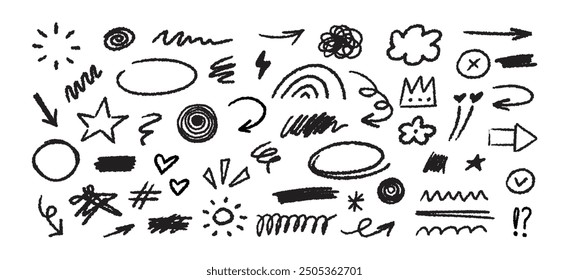 Collection of hand drawn simple decorative elements. Doodle shapes and squiggles in grunge style. 