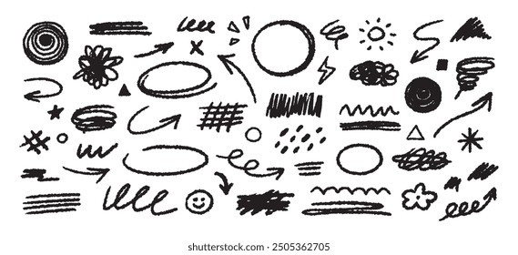 Colección de Elementos decorativos simples dibujados a mano. Doodle Formas y garabatos en estilo grunge. 