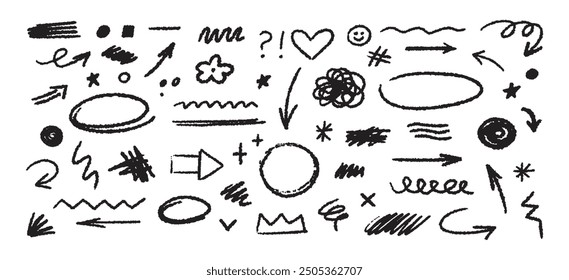 Collection of hand drawn simple decorative elements. Doodle shapes and squiggles in grunge style. 