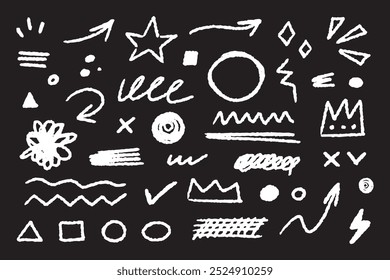 Collection of hand drawn simple decorative elements. Doodle shapes and squiggles in grunge style. 