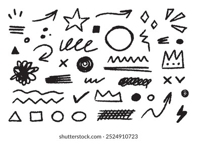 Collection of hand drawn simple decorative elements. Doodle shapes and squiggles in grunge style. 