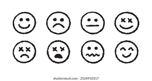 Collection of hand drawn simple emoji. Doodle different expressions. Vector faces in grunge style. 