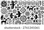 Collection of hand drawn simple ethnic folk elements. Rock paintings, primitive patterns. Sun symbols, people, trees, animals and birds, abstract lines.