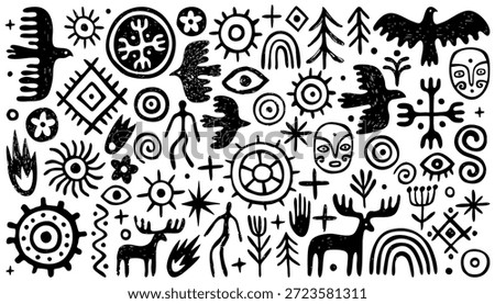 Collection of hand drawn simple ethnic folk elements. Rock paintings, primitive patterns. Sun symbols, people, trees, animals and birds, abstract lines.