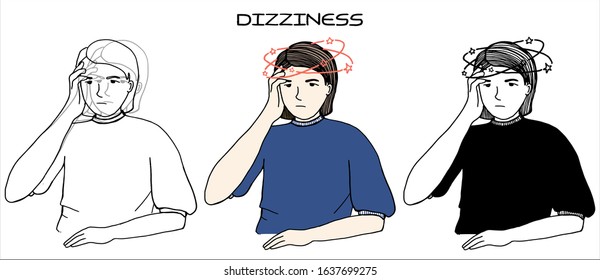 Collection of hand drawn simple Illustration of a young girl with headache and dizziness