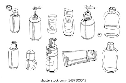 Collection Of   Hand Drawn Sketch Of Cosmetic Package. Bottle, Tube, Flask. Monochrome Elements Isolated On White Background. Vector Illustration.