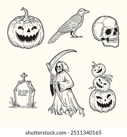 Colección de ilustraciones dibujadas a mano del doodle del bosquejo para Halloween, calabazas, cráneos, tumba, cuervos, globos oculares, parca.