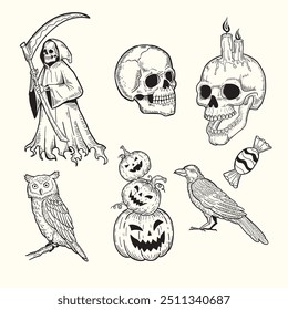 Collection of hand drawn sketch doodle illustrations for Halloween, pumpkins, skulls, owls, crows, grim reaper.