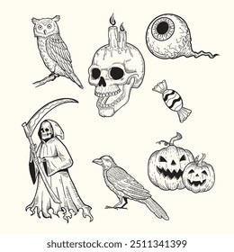 Colección de ilustraciones dibujadas a mano del doodle del bosquejo para Halloween, calabazas, calaveras, búhos, cuervos, globos oculares, parca.