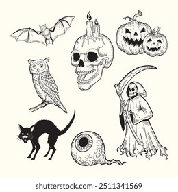 Colección de ilustraciones dibujadas a mano del doodle del bosquejo para Halloween, murciélago, calabaza, cráneo, búho, gato negro, globo ocular, parca.