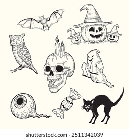 Colección de ilustraciones dibujadas a mano del doodle del bosquejo para Halloween, calabaza, murciélago, búho, cráneo, fantasma, globo ocular, caramelo, gato negro.