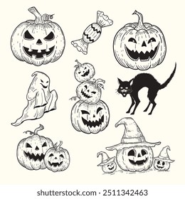 Collection of hand drawn sketch doodle illustrations for Halloween, pumpkin, black cat, ghost, candy.