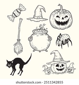 Collection of hand drawn sketch doodle illustrations for Halloween, pumpkin, witch's hat, spider, witch's broom, witch's cauldron, black cat.