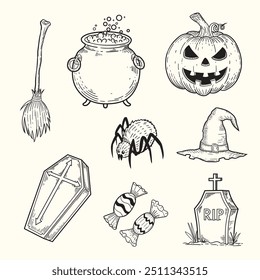 Collection of hand drawn sketch doodle illustrations for Halloween, pumpkin, witch's broom, spider, grave marker, witch's hat, coffin, candy, witch's cauldron.