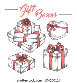 Collection of hand drawn sketch graphic gift boxes with ribbons and bows. Christmas, New Year, Birthday celebration present logo, icon, card
