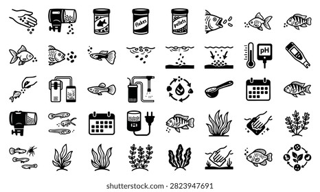 Collection of hand drawn sketch icons representing aquarium care and fishkeeping elements