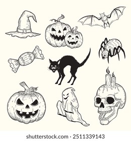 Collection of hand drawn sketch illustrations for Halloween, hats, pumpkins, black cats, spiders, ghosts, skulls, bats, candies