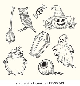 Collection of hand drawn sketch illustrations for Halloween, pumpkin, witch's broom, owl, ghost, eyeball, coffin, candy, witch's cauldron.