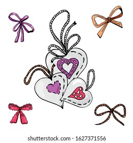 Collection of hand drawn sketch of  sewing hearts and bows.. Color elements isolated on white background. Symbols for decorate card, banner or label. For Hand made work or Happy Valentine's Day.