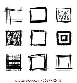 Collection of Hand Drawn Sketch Square Frames Doodle Brush Strokes Grunge Border Vector Set