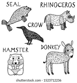 Collection of hand drawn sketches of animals. Vector illustrations. 