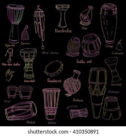 Collection of hand drawn sketches of ethnic percussion instruments with glitch effect.