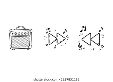 A collection of hand drawn sketches featuring a guitar amplifier speaker and forward and backward playback buttons with musical notes and decorative elements.