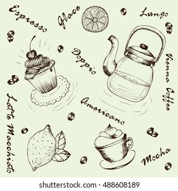 Collection of hand drawn sketches on the theme of tea and coffee. Teapots , cups , other utensils, spices and additives for tea and coffee.