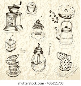 Collection of hand drawn sketches on the theme of tea and coffee. coffee grinder, cups , other utensils, spices and additives for tea and coffee.