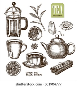 Collection of hand drawn sketches on the theme of tea.