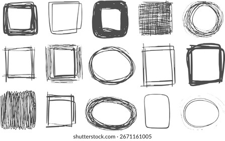 Collection of hand drawn sketchy frames and shapes including circles and squares on a white background