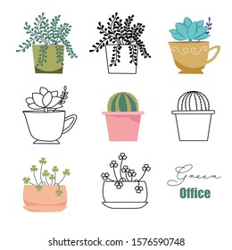 Collection of Hand drawn Small Pot Plant ( cactus and succulent) for Office Decoration. Line art and Colour vector illustration. Green office concept.