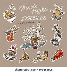 Collection of hand drawn snacks and drinks - fast food objects. Movie night treats.Craft paper texture background