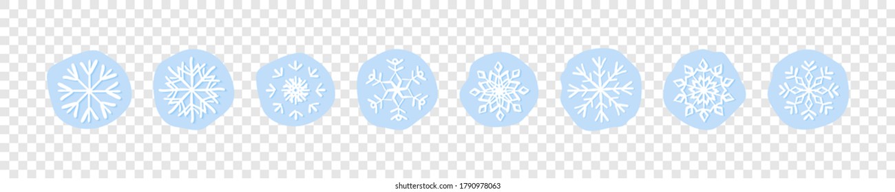 Collection hand drawn snowflakes isolated on transparent background. Vector illustration