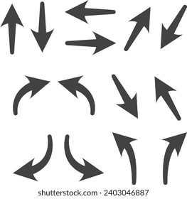 Collection of hand drawn solid arrows with curved corner. Sketch elements, including arrow lines, directional arrows, and curling arrows. Vector illustration in EPS 10.