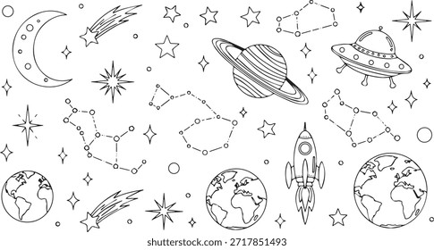 Uma coleção de elementos espaciais desenhados à mão, incluindo planetas, estrelas, foguetes e constelações, perfeito para projetos temáticos cósmicos.