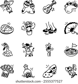 Collection of Hand Drawn Spanish Doodle Icons 

