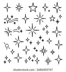 Collection of Hand Drawn Sparkle Star Illustrations Glittering Stellar Bursts Decorative Elements for Graphic Design and Creative Projects