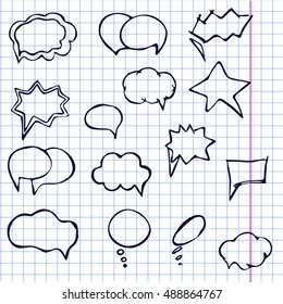 Collection of hand drawn speech balloons (bubbles) on a checked pattern. Graph (plaid)  paper 
