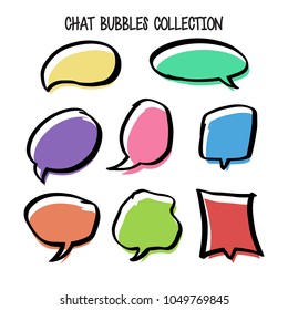 Collection of hand drawn  speech bubbles. Doodle style comic balloon,  design elements. Isolated vector.