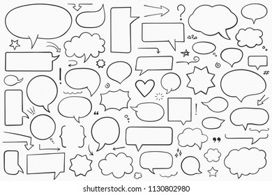 Collection of hand drawn speech bubbles, arrows and other design elements, contour shapes, vector eps10 illustration