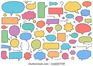Collection of hand drawn speech bubbles, arrows and other design elements, solid shapes, vector eps10 illustration