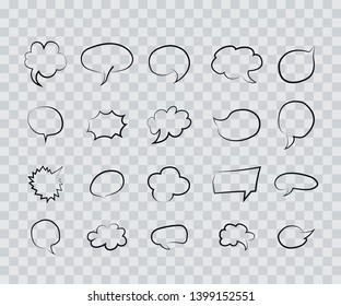 Collection of hand drawn speech bubbles, arrows and other design elements, contour shapes.