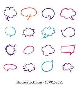 Collection of hand drawn speech bubbles, arrows and other design elements, contour shapes.