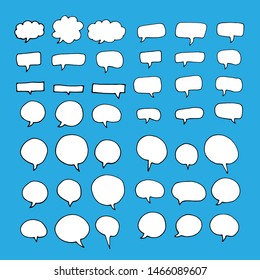Collection of hand drawn speech bubbles. Doodle style thinking balloons isolated on color background