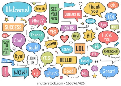 Collection of hand drawn speech bubbles with different phrases, arrows and other design elements, vector eps10 illustration