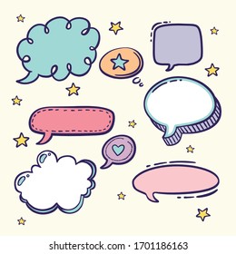 Collection of hand drawn speech bubbles. Doodle style comic balloon, design elements. Isolated vector.