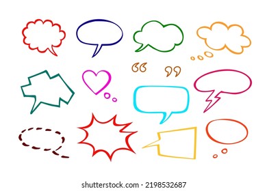 Colección de burbujas de voz dibujadas a mano de varios colores y formas. Palabra, pensamiento, susurro, emoción, globos de conversación para historietas, comentarios, pegatinas, presentaciones, infografía etc